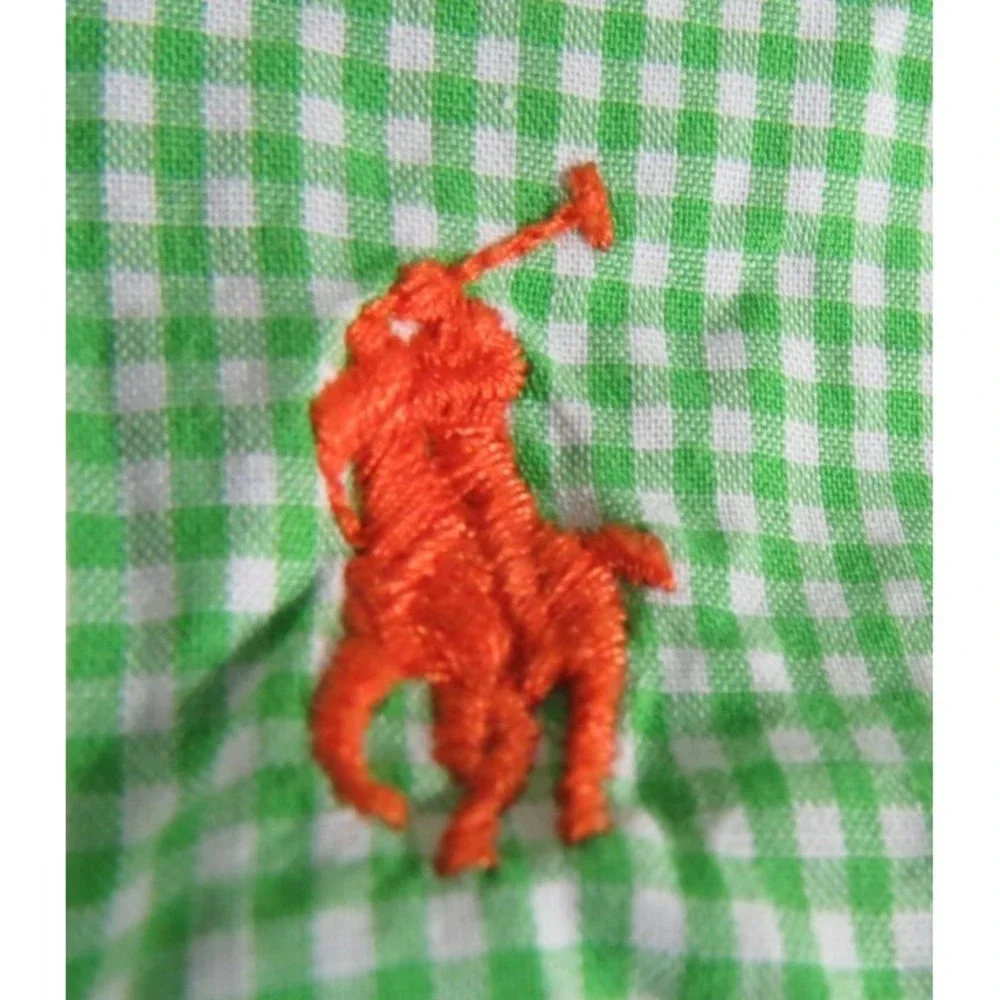 Polo Ralph Lauren Shirt Men L Green White Gingham Check Custom Fit Orange Pony